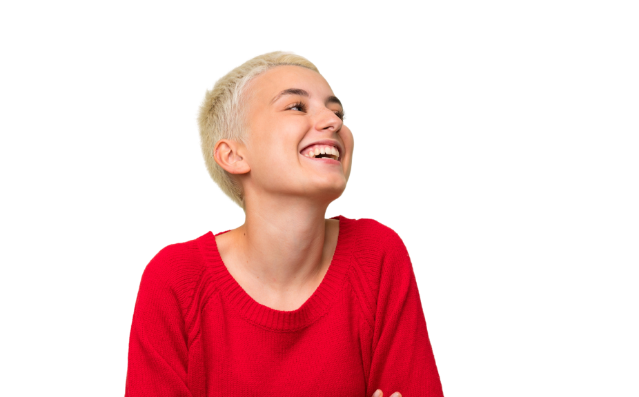 Smiling woman in red sweater celebrating success after SST training